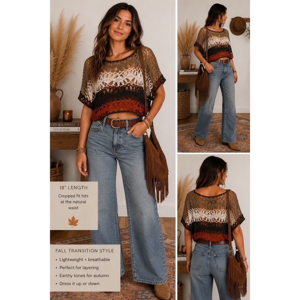 Vivid Collection Boho Crochet Knit Top S Brown Rust Olive Festival Pullover